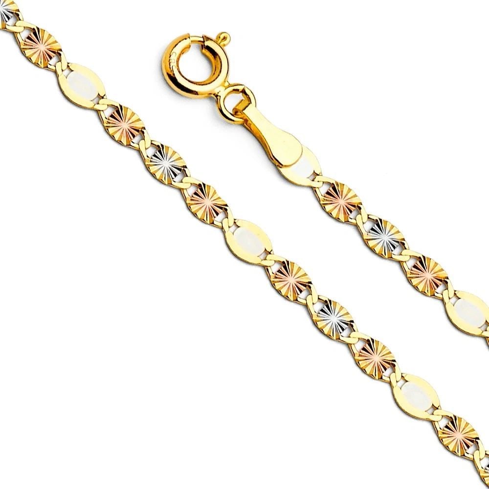 NEW 14K TRI COLOR GOLD 3MM FLAT VALENTINO STAR DC CHAIN: 14K TRI COLOR GOLD FLAT VALENTINO STAR DC 040 CHAIN FLAT VALENTINO STAR DC 040 CHAIN NEW 14K TRI COLOR GOLD WIDTH: mm AVERAGE Apx WEIGHT: 2.4g