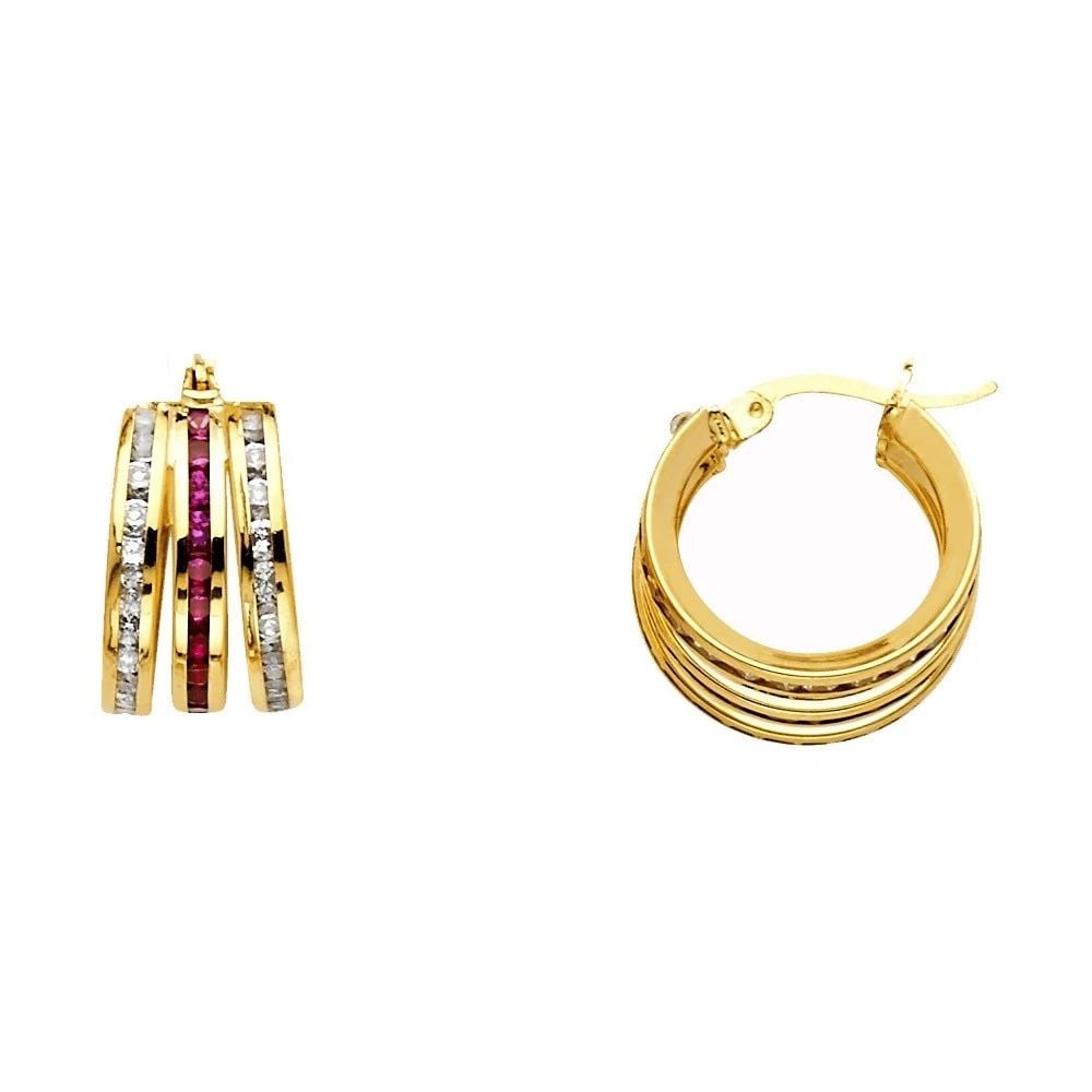 NEW 14K YELLOW GOLD RED + WHITE ROUND CHANNEL 3L HOOP EARRINGS: NEW 14K YELLOW GOLD RED + WHITE ROUND CHANNEL 3L HOOP EARRINGS RED + WHITE ROUND CHANNEL 3L HOOP EARRINGS NEW 14K YELLOW GOLD HEIGHT - 10 mm WIDTH - 10 mm Apx WEIGHT - 2.5 g