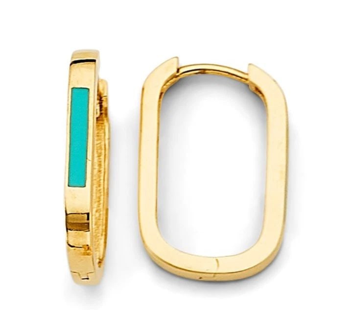 NEW 14K YELLOW GOLD TURQUOISE PAPERCLIP HUGGIES EARRINGS (1 of 2)