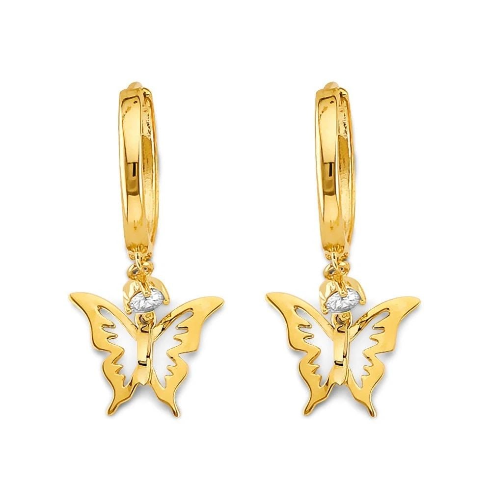 NEW 14K YELLOW GOLD HANGING BUTTERFLY HUGGIES EARRINGS: NEW 14K YELLOW GOLD HANGING BUTTERFLY HUGGIES EARRINGS HANGING BUTTERFLY HUGGIES EARRINGS NEW 14K YELLOW GOLD
