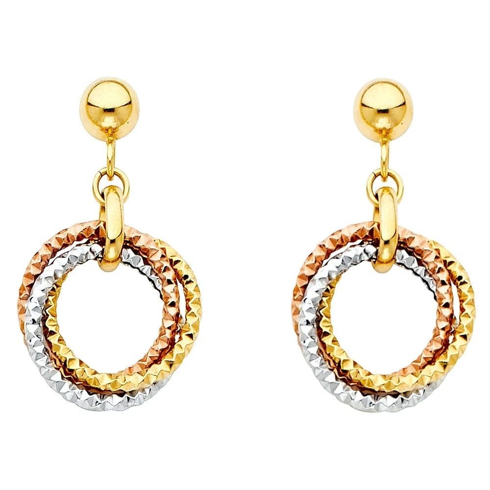 NEW 14K TRI COLOR GOLD HANGING 3 RING EARRINGS: NEW 14K TRI COLOR GOLD HANGING 3 RING EARRINGS HANGING 3 RING EARRINGS NEW 14K TRI COLOR GOLD HEIGHT - 25 mm WIDTH - 15 mm Apx WEIGHT - 2.5 g