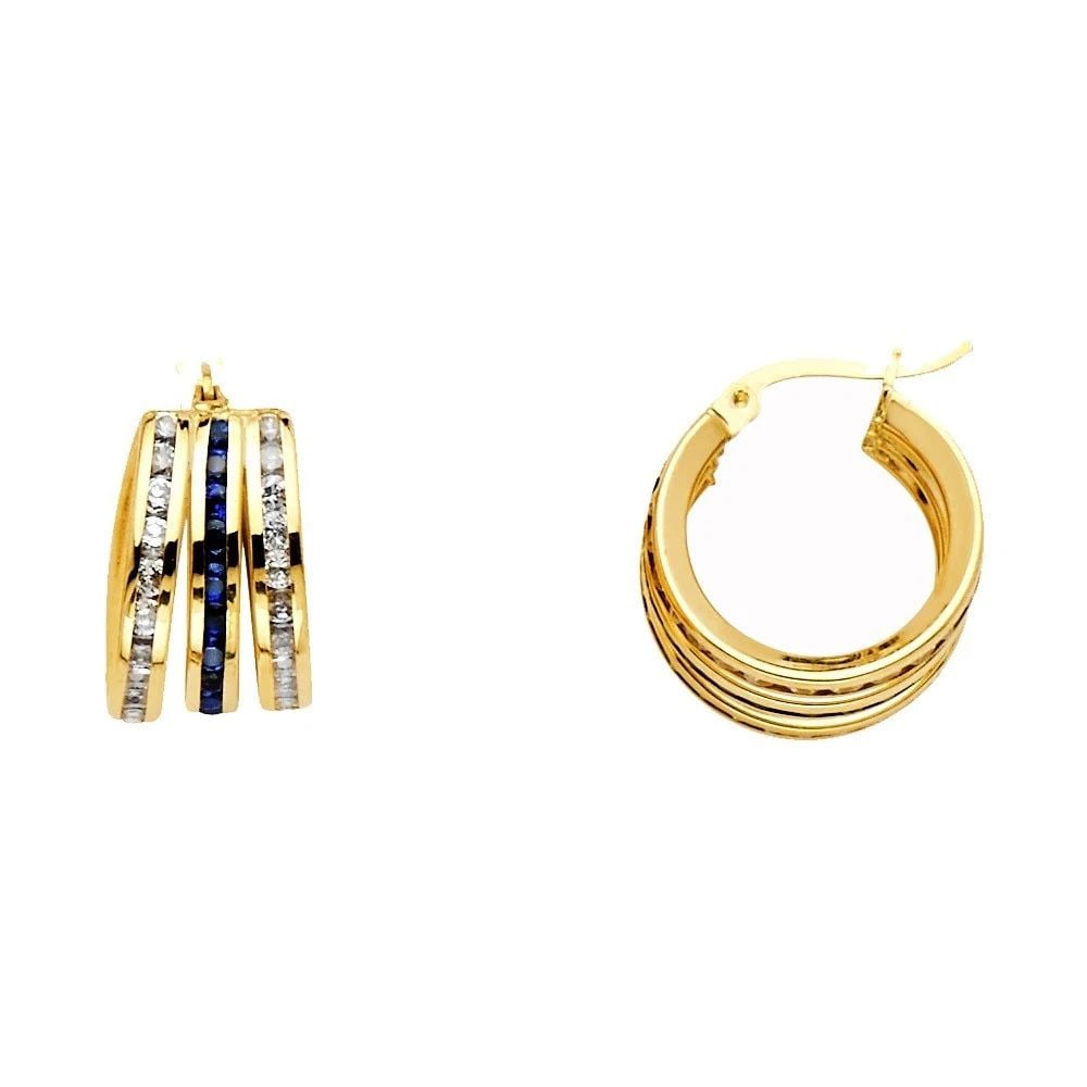 NEW 14K YELLOW GOLD BLUE + WHITE ROUND CHANNEL 3L HOOP EARRINGS (1 of 2)