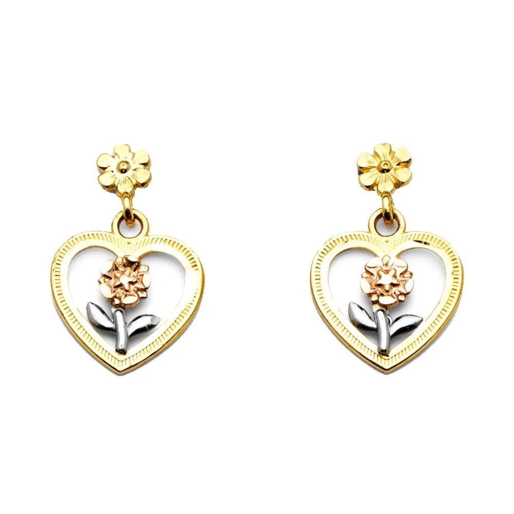 NEW 14K TWO TONE GOLD DANGLE HEART POST EARRINGS (1 of 2)