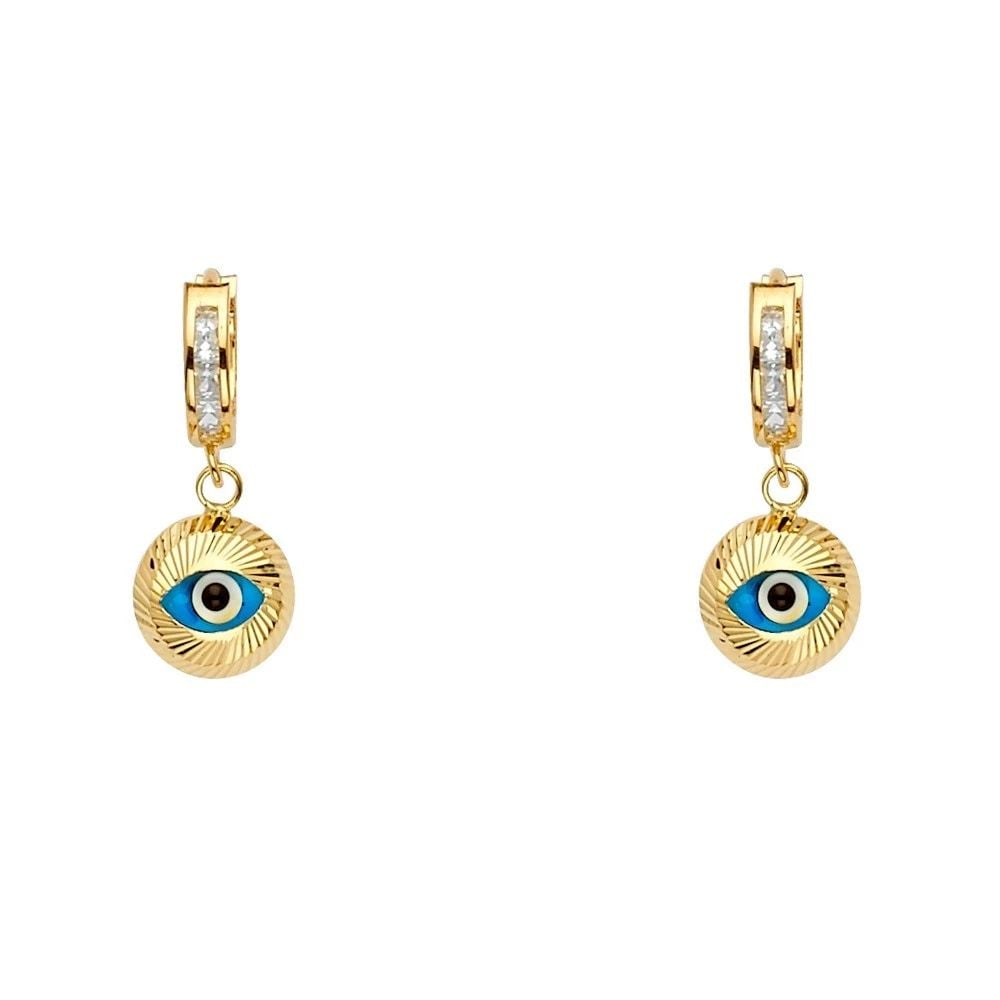 NEW 14K YELLOW GOLD EVIL EYE DANGLE HUGGIES EARRINGS: NEW 14K YELLOW GOLD EVIL EYE DANGLE HUGGIES EARRINGS EVIL EYE DANGLE HUGGIES EARRINGS NEW 14K YELLOW GOLD HEIGHT - 22 mm WIDTH - 8 mm Apx WEIGHT - 2.4 g