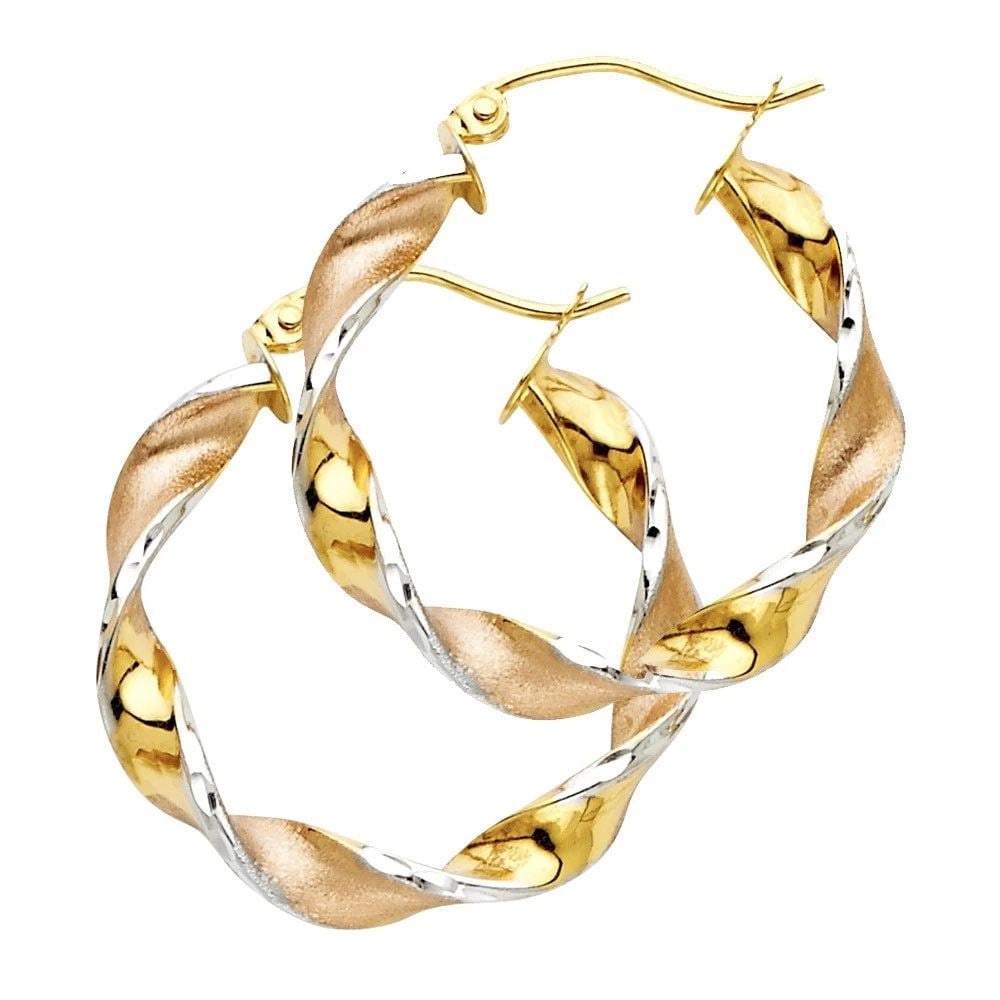 NEW 14K TRI COLOR GOLD SWIRL HOOP EARRINGS (25MM) (1 of 2)