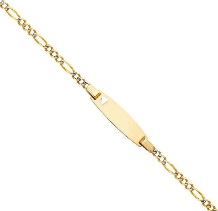 NEW 14K GOLD FIGARO 3+1 WP BABY OVAL ID WITH HEART BRACELET: 14K FIGARO 3+1 WP BABY OVAL ID WITH HEART BRACELET 14K FIGARO 3+1 WP BABY OVAL ID WITH HEART BRACELET NEW 14K YELLOW GOLD LENGTH - 6in Apx WEIGHT - 3.2g