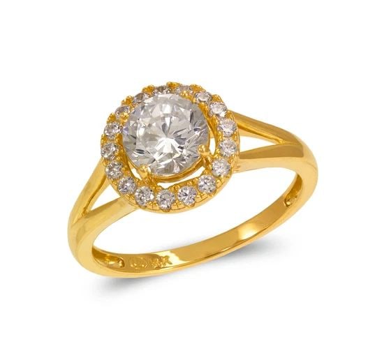 NEW 14K YELLOW GOLD LADIES FANCY SOLITAIRE HALO RING: NEW 14K YELLOW GOLD LADIES FANCY SOLITAIRE HALO RING LADIES FANCY SOLITAIRE HALO RING NEW 14K YELLOW GOLD Apx. SIZE: 6mm Apx. WEIGHT: 3.2g