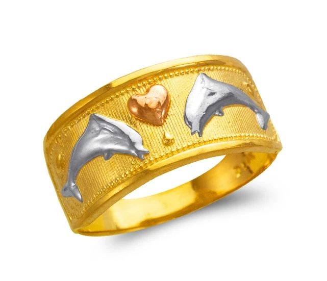 NEW 14K TRICOLOR GOLD LADIES HEART AND DOLPHINS FILIGREE RING (1 of 2)
