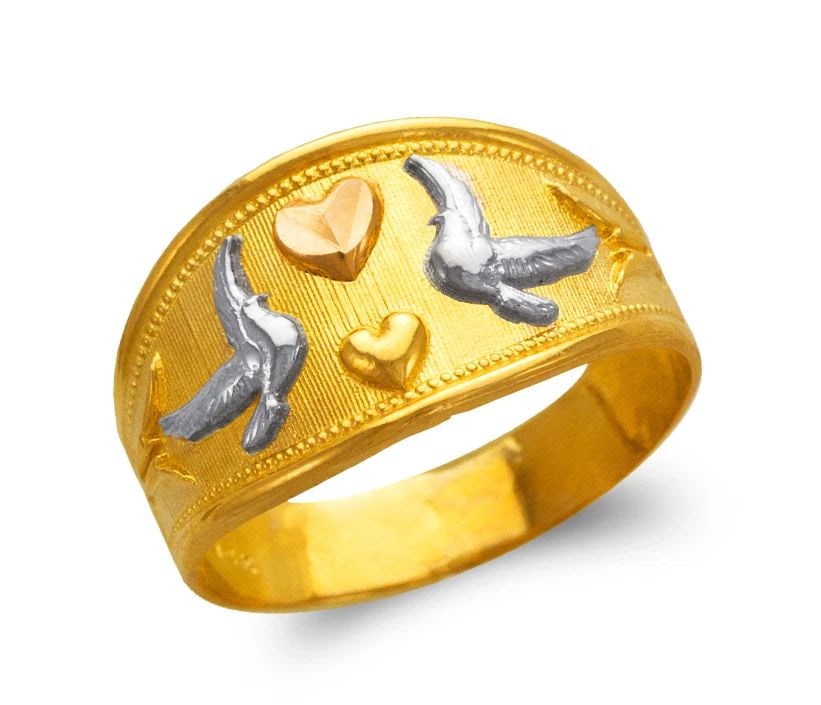 NEW 14K TRICOLOR GOLD LADIES HEART AND DOVES FILIGREE RING (1 of 2)