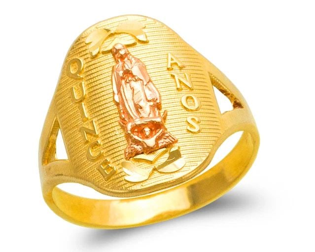 NEW 14K TWO TONE GOLD LADIES 15 ANOS FLOWER FILIGREE RING: NEW 14K TWO TONE GOLD LADIES 15 ANOS GUADALUPE FILIGREE RING LADIES 15 ANOS GUADALUPE FILIGREE RING NEW 14K TWO TONE GOLD Apx. WIDTH: 17mm Apx. WEIGHT: 3.2g