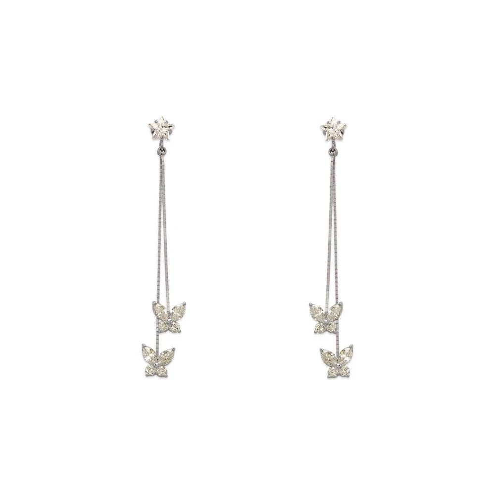NEW 14K WHITE GOLD FANCY DOUBLE BUTTERFLY DANGLING EARRINGS: NEW 14K WHITE GOLD FANCY DOUBLE BUTTERFLY DANGLING EARRINGS FANCY DOUBLE BUTTERFLY DANGLING EARRINGS NEW 14K WHITE GOLD Width: Approx. 8x61mm Apx WEIGHT: 3.2g