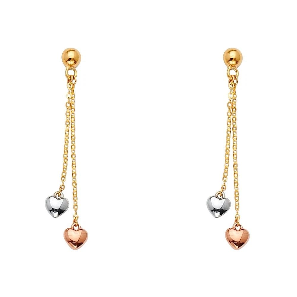 NEW 14K TRI COLOR GOLD 2HEARTS HANGING EARRINGS: NEW 14K TRI COLOR GOLD 2HEARTS HANGING EARRINGS 2HEARTS HANGING EARRINGS NEW 14K TRI COLOR GOLD HEIGHT - 37 mm WIDTH - 5 mm Apx WEIGHT - 2.4 g