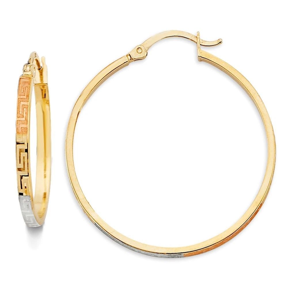 NEW 14K TRI COLOR GOLD GREEK DESIGN HOOP EARRINGS: NEW 14K TRI COLOR GOLD GREEK DESIGN HOOP EARRINGS GREEK DESIGN HOOP EARRINGS NEW 14K TRI COLOR GOLD HEIGHT - 30 mm WIDTH - 30 mm Apx WEIGHT - 2.4 g