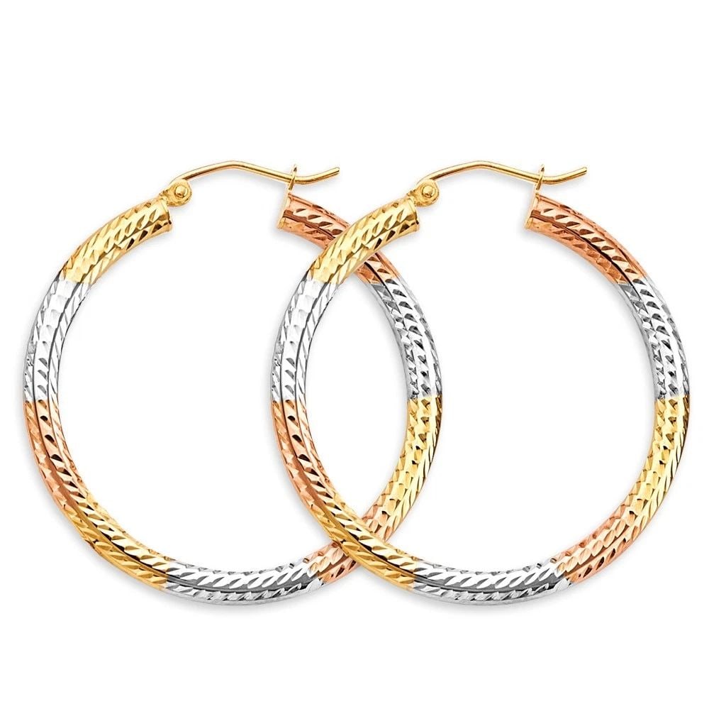 NEW 14K TRI COLOR GOLD 3MM TUBE DC HOOP EARRINGS: NEW 14K TRI COLOR GOLD 3MM TUBE DC HOOP EARRINGS 3MM TUBE DC HOOP EARRINGS NEW 14K TRI COLOR GOLD HEIGHT - 35 mm WIDTH - 35 mm Apx WEIGHT - 2.4 g