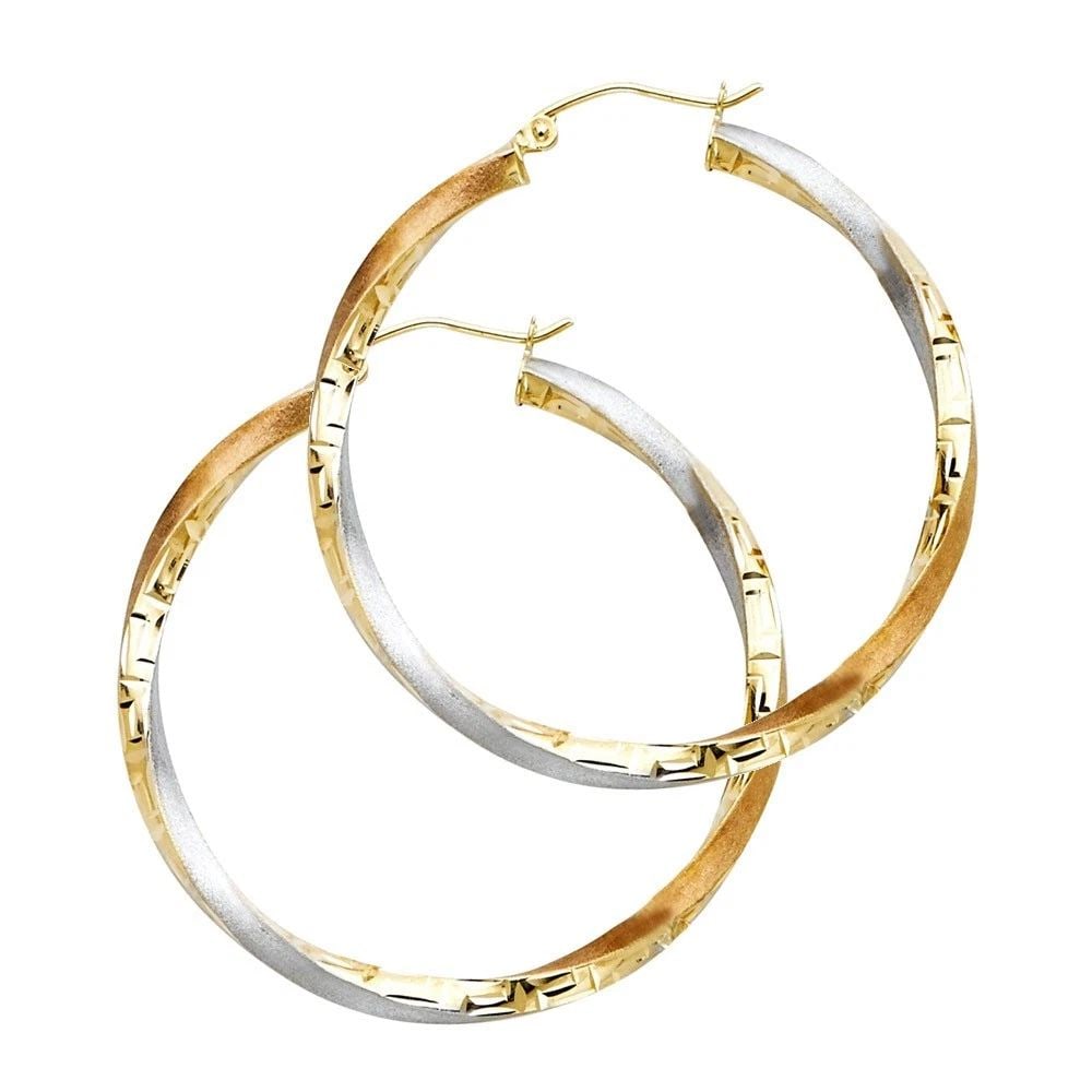 NEW 14K TRI COLOR GOLD SWIRL FANCY HOOP EARRINGS (30MM): NEW 14K TRI COLOR GOLD SWIRL FANCY HOOP EARRINGS (30MM) SWIRL FANCY HOOP EARRINGS (30MM) NEW 14K TRI COLOR GOLD Height : 30 mm Width : 30 mm Weight : 2.4g