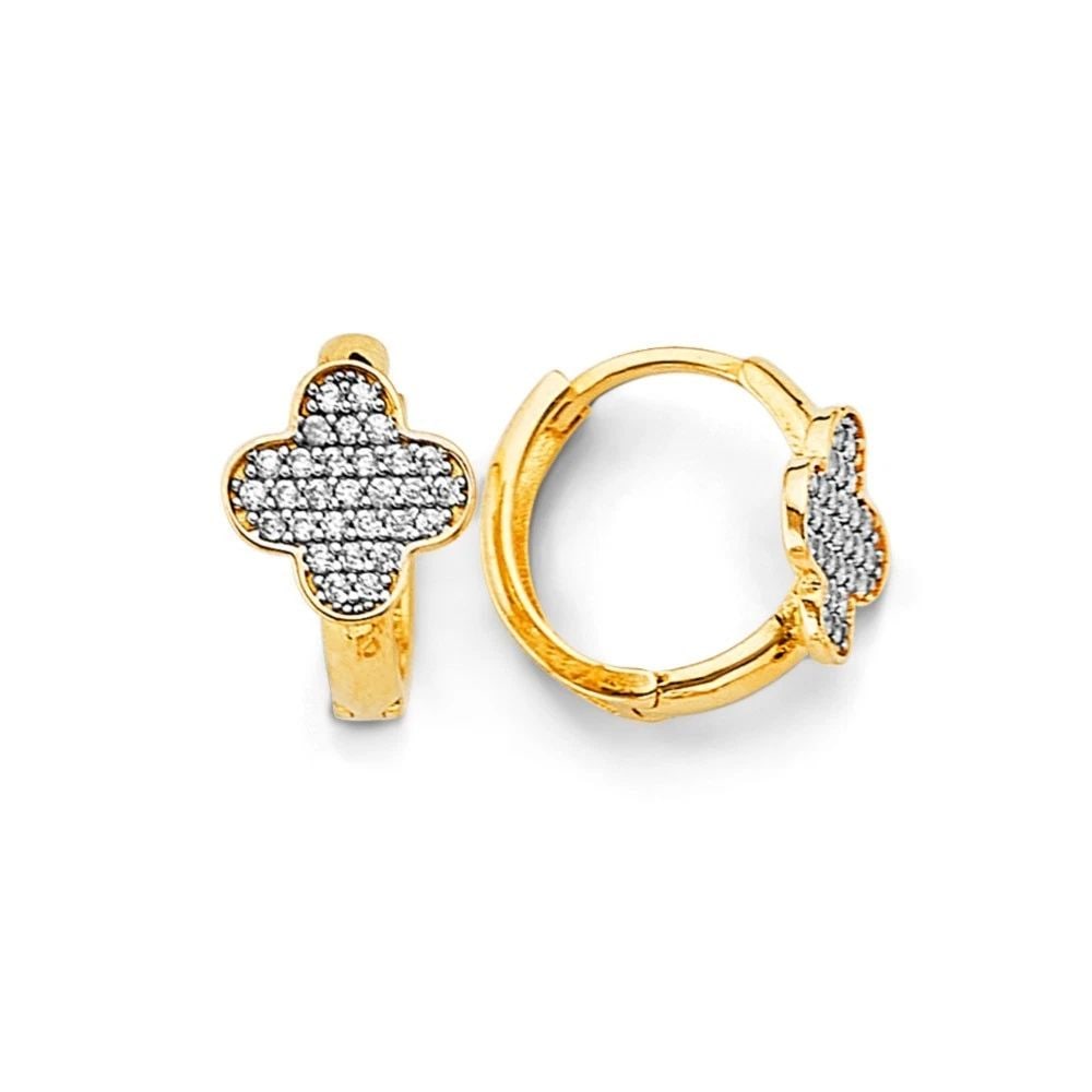 NEW 14K TWO TONE GOLD CLOVER HUGGIES EARRINGS: NEW 14K TWO TONE GOLD CLOVER HUGGIES EARRINGS CLOVER HUGGIES EARRINGS NEW 14K TWO TONE GOLD Height : 15 mm Width : 15 mm Weight : 2.4g