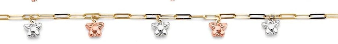 NEW 14K TRI COLOR GOLD BUTTERFLY CHARM LINK BRACELET (7+1) (1 of 1)