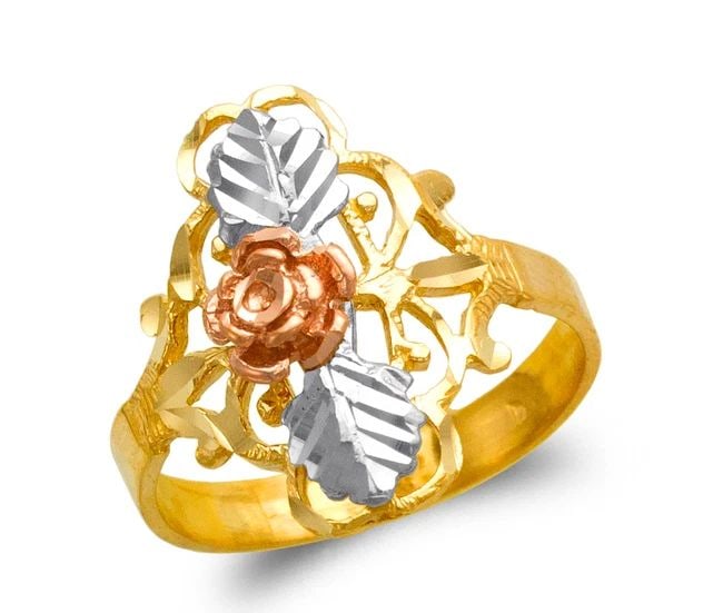 NEW 14K TRICOLOR GOLD LADIES ROSE FILIGREE RING: NEW 14K TRICOLOR GOLD LADIES ROSE FILIGREE RING LADIES ROSE FILIGREE RING NEW 14K TRICOLOR GOLD SIZE Apx: 19mm Apx. WEIGHT: 3.1g