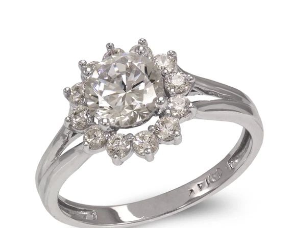 NEW 14K WHITE GOLD LADIES FANCY WHITE SOLITAIRE FLOWER HALO RING: NEW 14K WHITE GOLD LADIES FANCY WHITE SOLITAIRE FLOWER HALO RING LADIES FANCY WHITE SOLITAIRE FLOWER HALO RING NEW 14K WHITE GOLD Apx. WIDTH: 6mm Apx. WEIGHT: 3.1g
