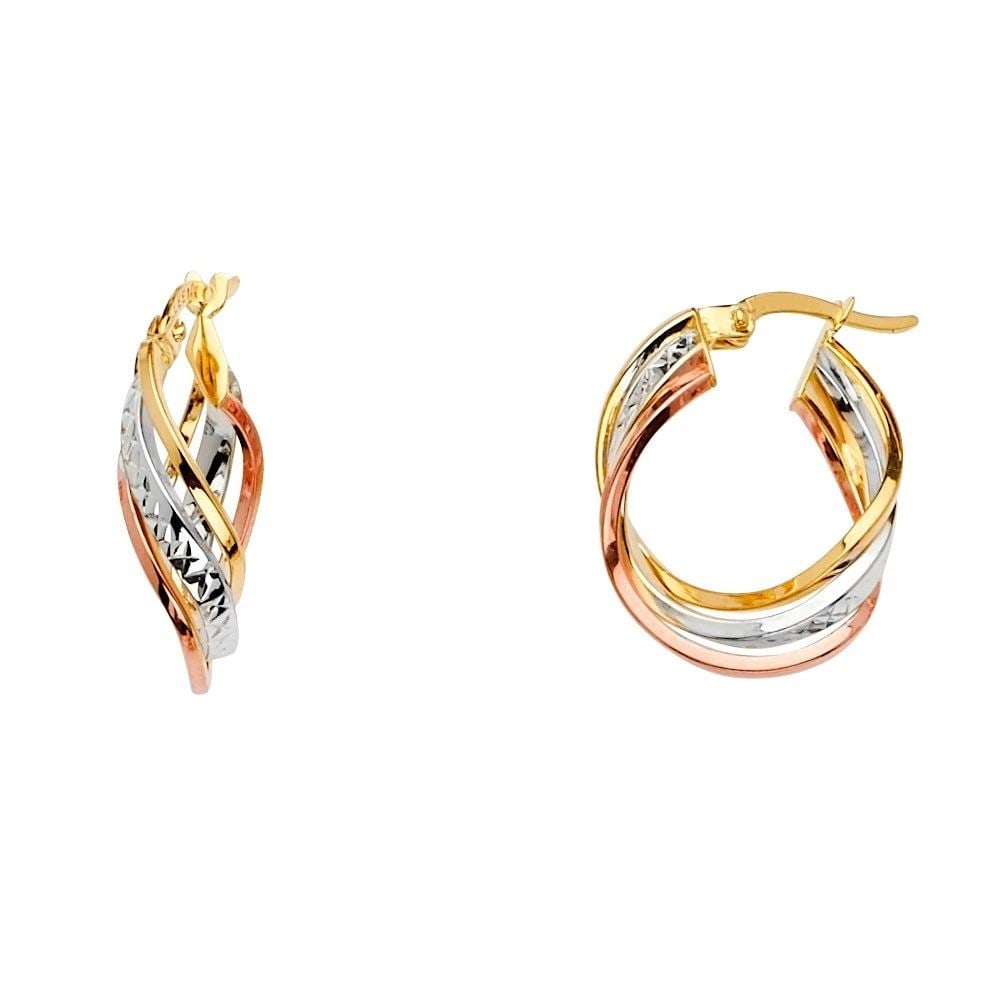NEW 14K TRI COLOR GOLD 3 LINE TWISTED HOOP EARRINGS (1 of 1)