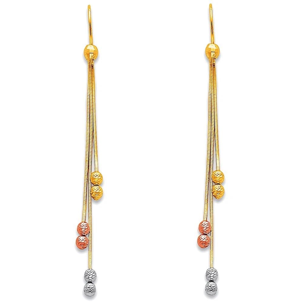 NEW 14K TRI COLOR GOLD HANGING EARRINGS: NEW 14K TRI COLOR GOLD HANGING EARRINGS HANGING EARRINGS NEW 14K TRI COLOR GOLD HEIGHT - 65 mm WIDTH - 6 mm Apx WEIGHT - 2.3 g