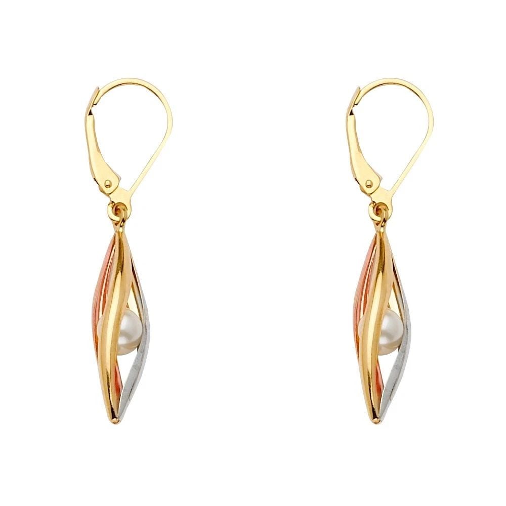 NEW 14K TRI COLOR GOLD TEAR DROP TYPE EARRINGS WITH PEARL (1 of 1)