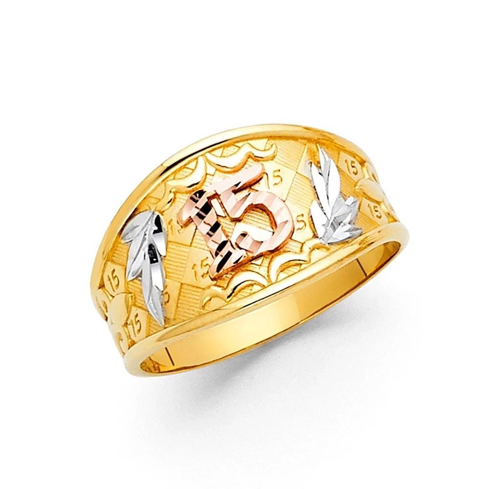 NEW 14K TRI COLOR GOLD 15 YEARS RING - SIZE 7: NEW 14K TRI COLOR GOLD 15 YEARS RING 15 YEARS RING NEW 14K TRI COLOR GOLD WIDTH: 11 mm Apx. WEIGHT: 3.1g