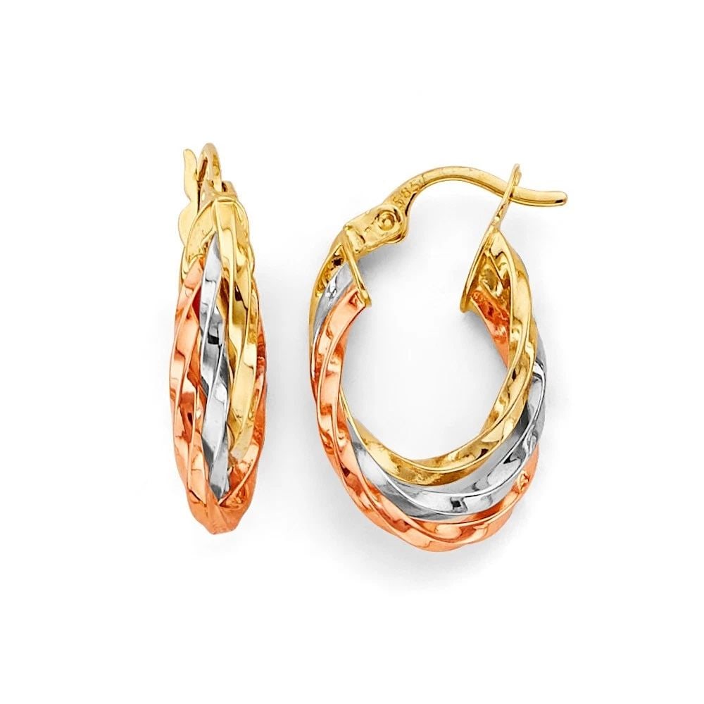 NEW 14K TRI COLOR GOLD 3 LINE TWISTED HOOP EARRINGS: NEW 14K TRI COLOR GOLD 3 LINE TWISTED HOOP EARRINGS 3 LINE TWISTED HOOP EARRINGS NEW 14K TRI COLOR GOLD HEIGHT - 20 mm WIDTH - 15 mm Apx WEIGHT - 2.3 g