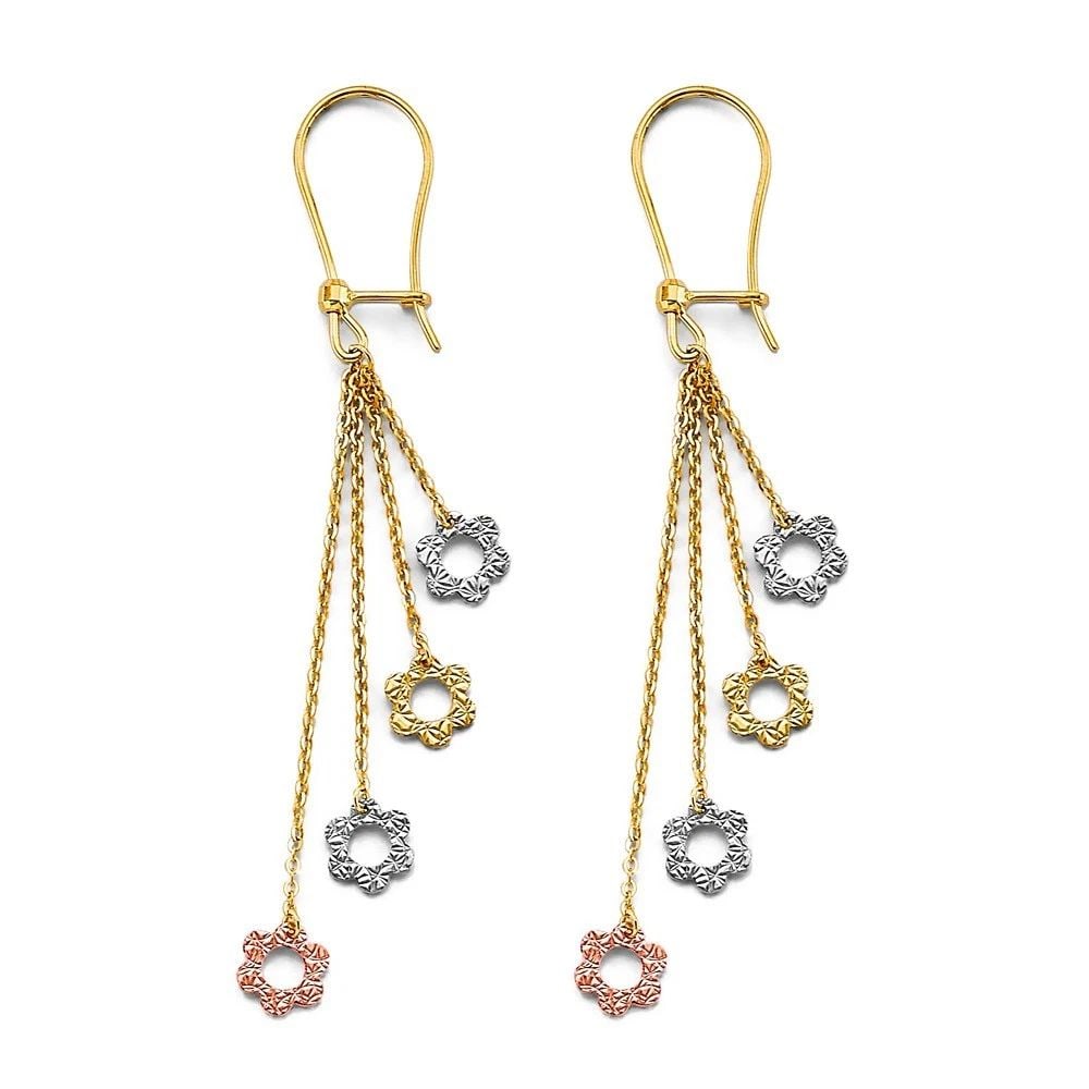 NEW 14K TRI COLOR GOLD HANGING FLOWER EARRINGS: NEW 14K TRI COLOR GOLD HANGING FLOWER EARRINGS HANGING FLOWER EARRINGS NEW 14K TRI COLOR GOLD HEIGHT - 65 mm WIDTH - 10 mm Apx WEIGHT - 2.3 g