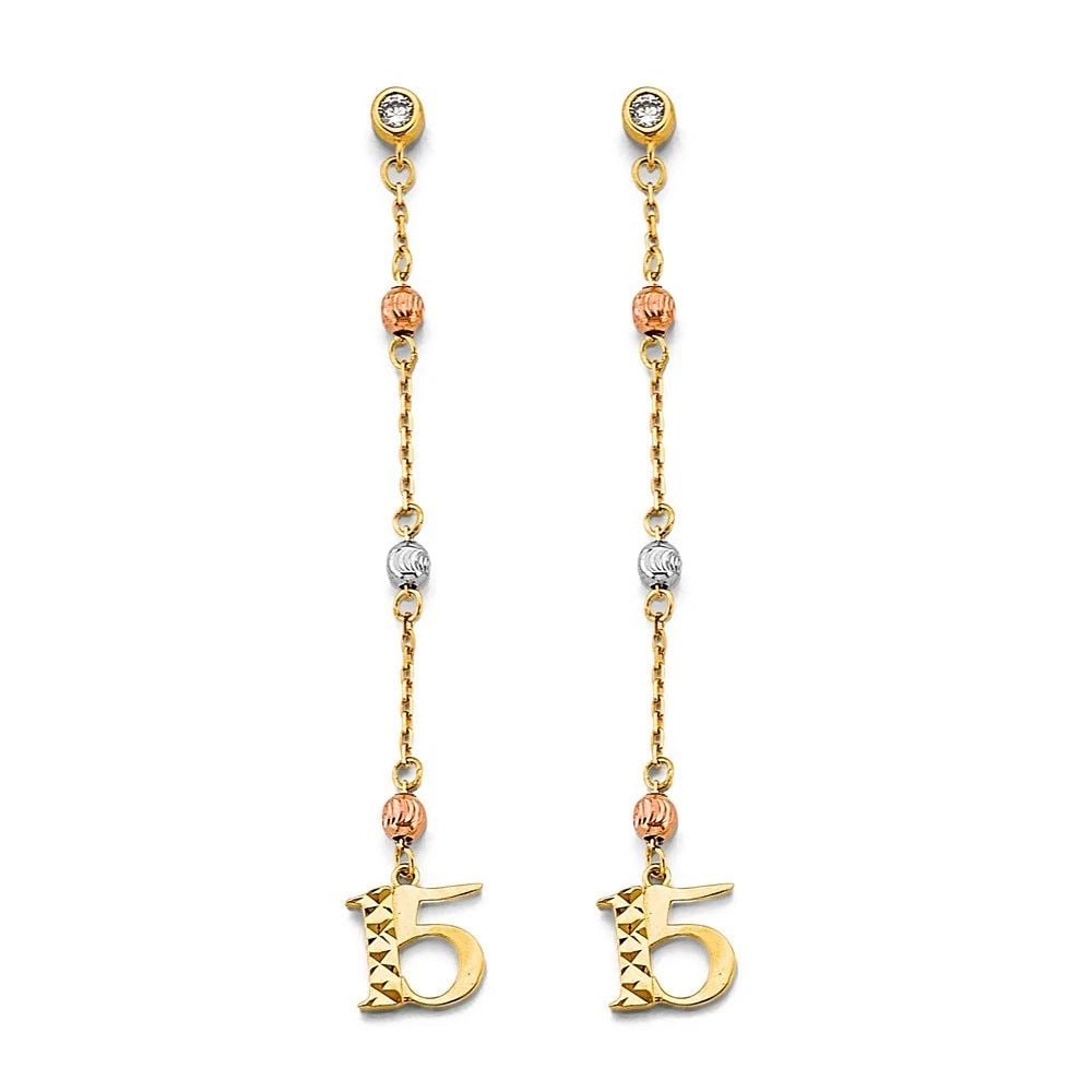 NEW 14K TRI COLOR GOLD HANGING BALL 15 YEARS EARRINGS: NEW 14K TRI COLOR GOLD HANGING BALL 15 YEARS EARRINGS HANGING BALL 15 YEARS EARRINGS NEW 14K TRI COLOR GOLD HEIGHT - 60 mm WIDTH - 8 mm Apx WEIGHT - 2.3 g