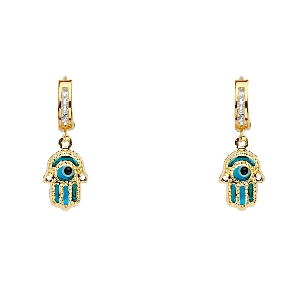 NEW 14K YELLOW GOLD HAMSA DANGLE HUGGIES EARRINGS: NEW 14K YELLOW GOLD HAMSA DANGLE HUGGIES EARRINGS HAMSA DANGLE HUGGIES EARRINGS NEW 14K YELLOW GOLD HEIGHT - 25 mm WIDTH - 8 mm Apx WEIGHT - 2.3 g