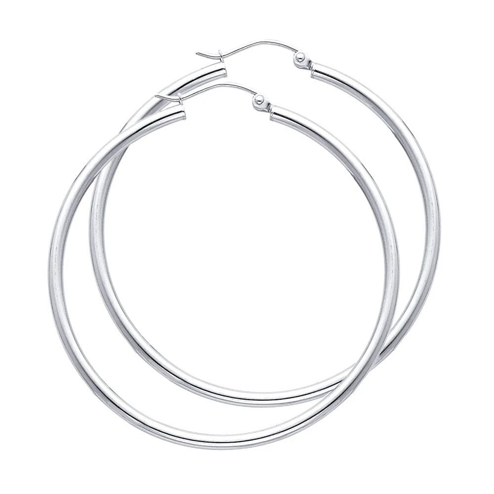 NEW 14K WHITE GOLD 2MM ROUND TUBE POLISHED HOOP EARRINGS (45MM): NEW 14K WHITE GOLD 2MM ROUND TUBE POLISHED HOOP EARRINGS (45MM) 2MM ROUND TUBE POLISHED HOOP EARRINGS (45MM) NEW 14K WHITE GOLD Height : 45 mm Width : 45 mm Weight : 2.3g