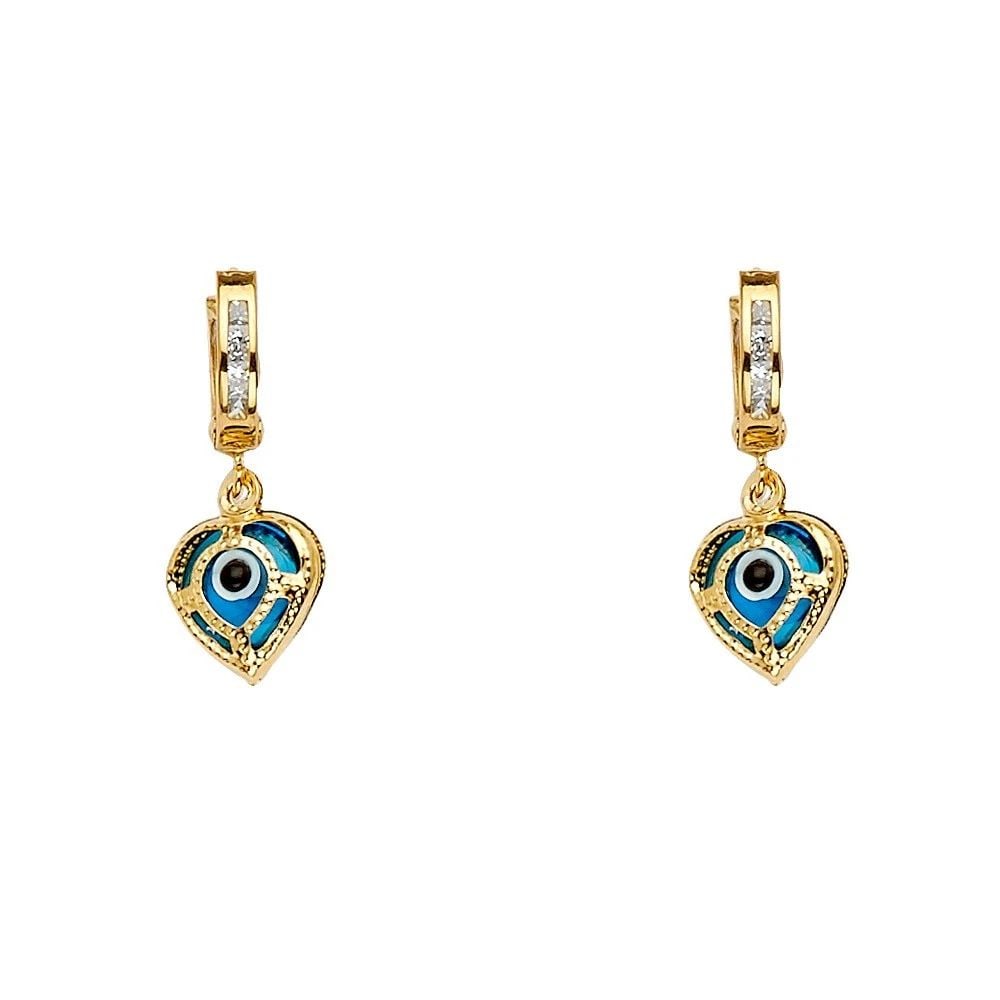 NEW 14K YELLOW GOLD EVIL EYE DANGLE HUGGIES EARRINGS (1 of 1)