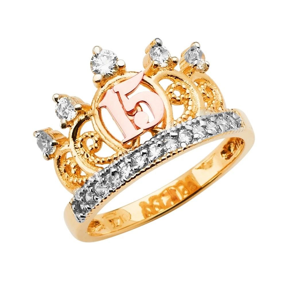 NEW 14K TRI COLOR GOLD 15 YEARS CROWN RING - SIZE 7: NEW 14K TRI COLOR GOLD 15 YEARS CROWN RING 15 YEARS CROWN RING NEW 14K TRI COLOR GOLD WIDTH : WEIGHT : 3g