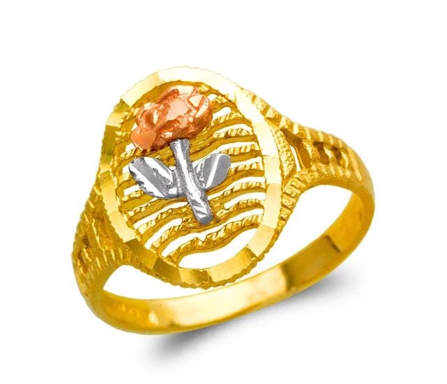 NEW 14K TRICOLOR GOLD LADIES FLOWER FILIGREE RING: NEW 14K TRICOLOR GOLD LADIES FLOWER FILIGREE RING LADIES FLOWER FILIGREE RING NEW 14K TRICOLOR GOLD SIZE Apx: 15mm Apx. WEIGHT: 3.0g