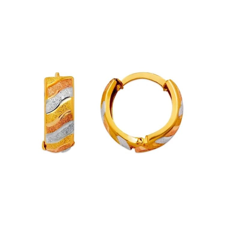 NEW 14K TRICOLOR GOLD D/C HUGGIE EARRINGS: NEW 14K TRICOLOR GOLD D/C HUGGIE EARRINGS D/C HUGGIE EARRINGS NEW 14K TRICOLOR GOLD Width: Approx. 6x17mm Apx WEIGHT: 3g
