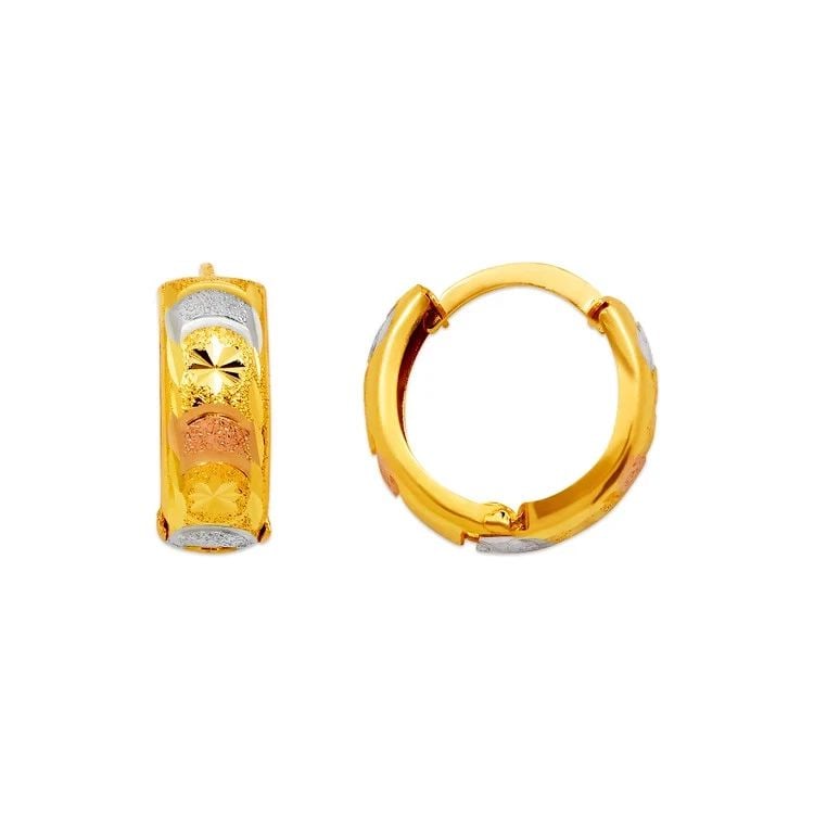 NEW 14K TRICOLOR GOLD D/C HUGGIE EARRINGS: NEW 14K TRICOLOR GOLD D/C HUGGIE EARRINGS D/C HUGGIE EARRINGS NEW 14K TRICOLOR GOLD Width: Approx. 6x17mm Apx WEIGHT: 3g