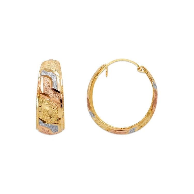 NEW 14K TRICOLOR GOLD D/C HUGGIE EARRINGS: NEW 14K TRICOLOR GOLD D/C HUGGIE EARRINGS D/C HUGGIE EARRINGS NEW 14K TRICOLOR GOLD Width: Approx. 8x20mm Apx WEIGHT: 3g