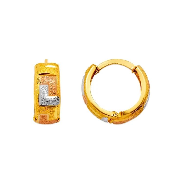 NEW 14K TRICOLOR GOLD D/C HUGGIE EARRINGS: NEW 14K TRICOLOR GOLD D/C HUGGIE EARRINGS D/C HUGGIE EARRINGS NEW 14K TRICOLOR GOLD Width: Approx. 6x17mm Apx WEIGHT: 3g