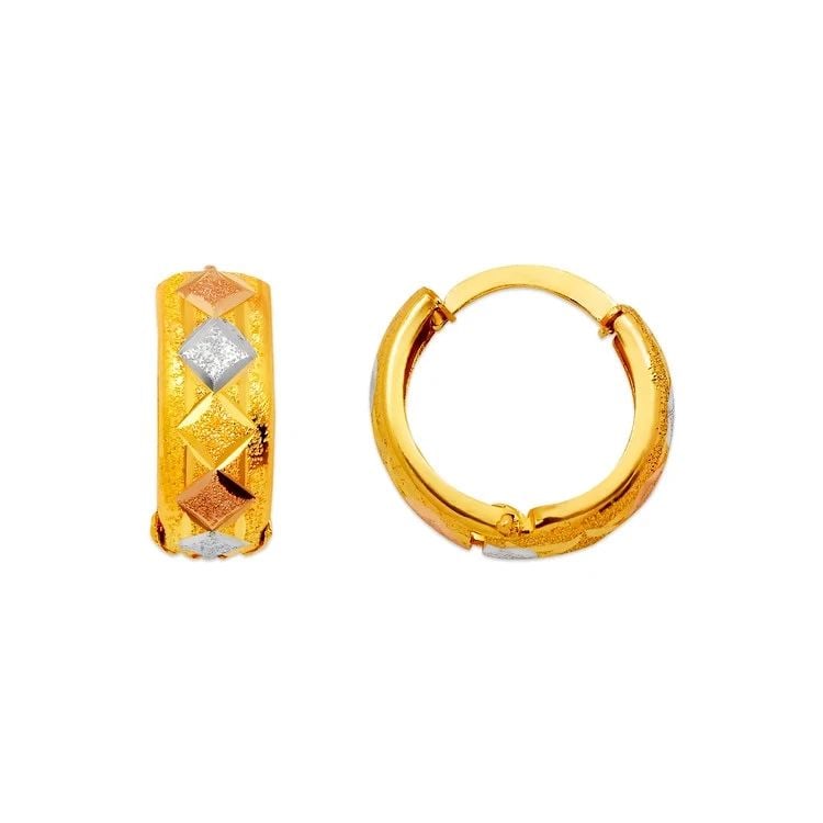 NEW 14K TRICOLOR GOLD D/C HUGGIE EARRINGS: NEW 14K TRICOLOR GOLD D/C HUGGIE EARRINGS D/C HUGGIE EARRINGS NEW 14K TRICOLOR GOLD Width: Approx. 6x17mm Apx WEIGHT: 3g