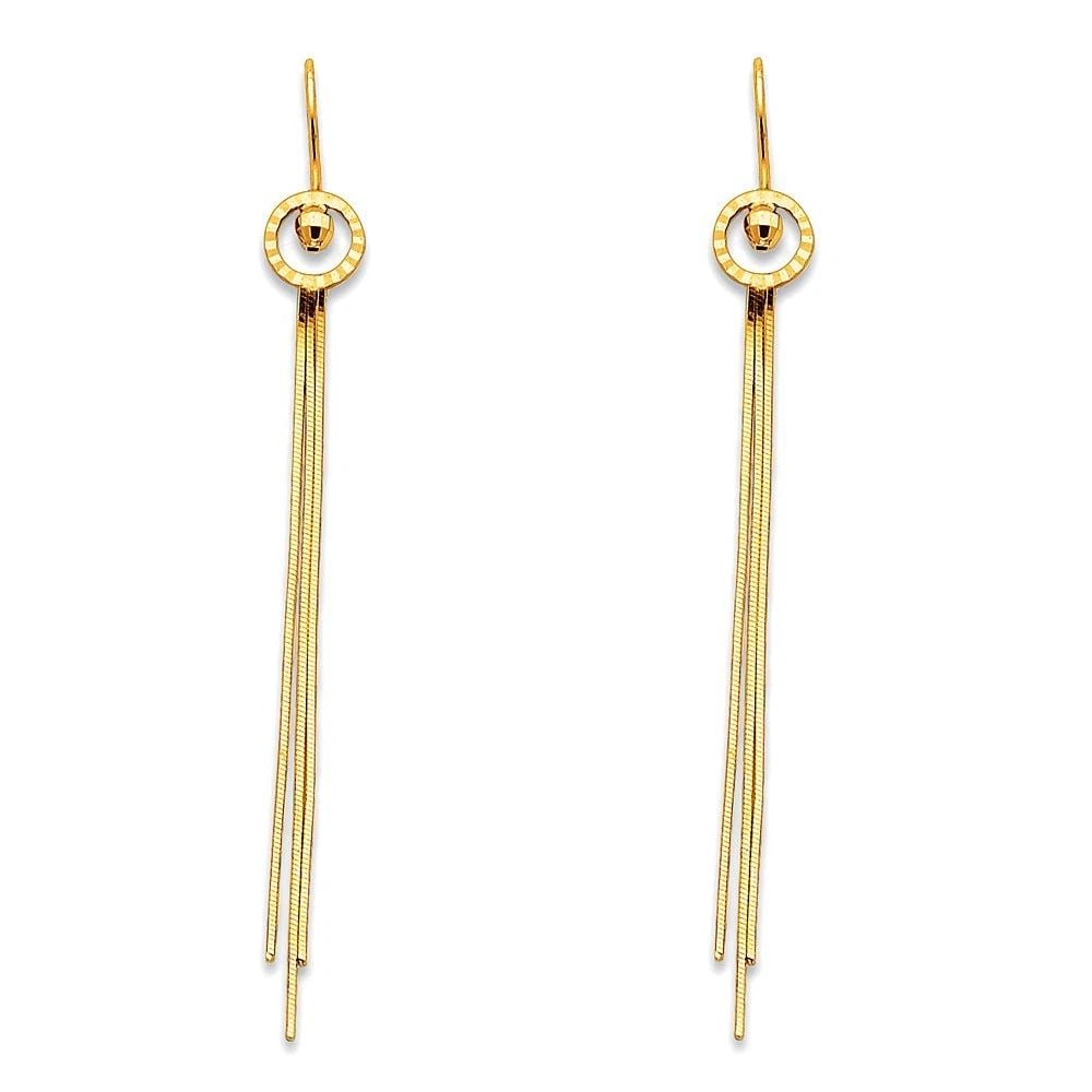 NEW 14K YELLOW GOLD HANGING EARRINGS: NEW 14K YELLOW GOLD HANGING EARRINGS (ER366) HANGING EARRINGS (ER366) NEW 14K YELLOW GOLD HEIGHT - 65 mm WIDTH - 7 mm Apx WEIGHT - 2.3 g