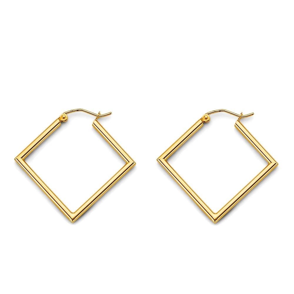 NEW 14K YELLOW GOLD TUBE SQUARE POLISH HOOP EARRINGS: NEW 14K YELLOW GOLD TUBE SQUARE POLISH HOOP EARRINGS TUBE SQUARE POLISH HOOP EARRINGS NEW 14K YELLOW GOLD HEIGHT - 20 mm WIDTH - 35 mm Apx WEIGHT - 2.2 g