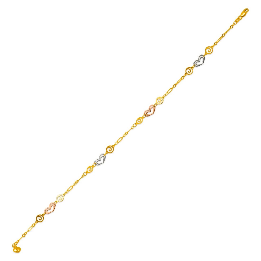NEW 14K TRICOLOR GOLD CHARM ANKLET: NEW 14K TRICOLOR GOLD CHARM ANKLET GOLD CHARM ANKLET NEW 14K TRI COLOR GOLD LENGTH: 10" inch Apx WEIGHT: 2.9g