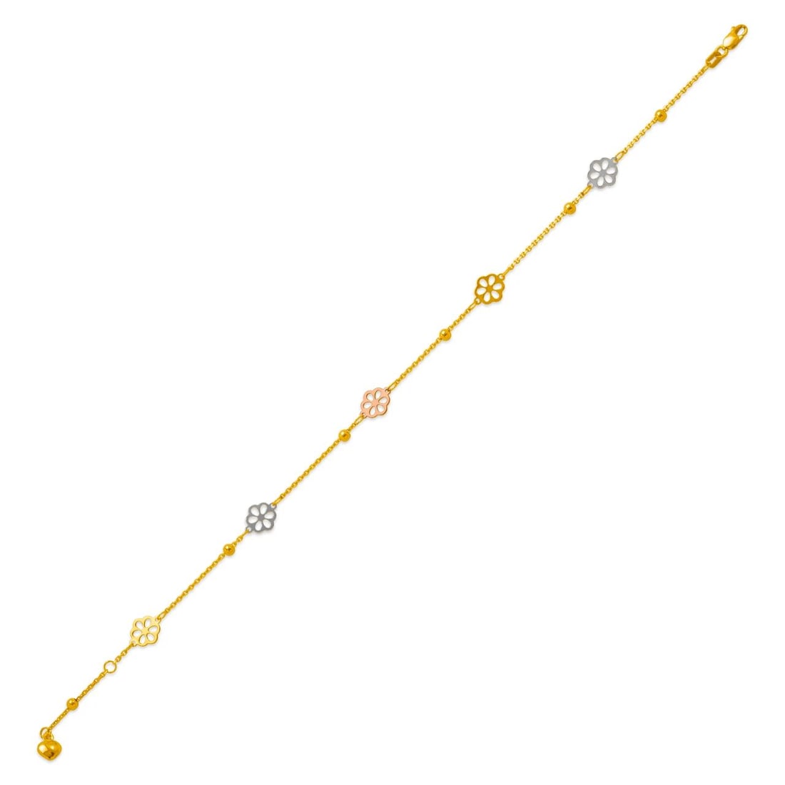 NEW 14K TRICOLOR GOLD CHARM ANKLET: NEW 14K TRICOLOR GOLD CHARM ANKLET CHARM ANKLET NEW 14K TRICOLOR GOLD LENGTH: 10" inch Apx WEIGHT: 2.9g