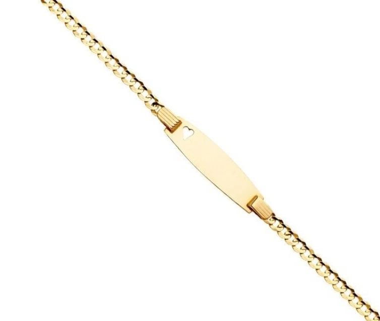 NEW 14K YELLOW GOLD CURB BABY OVAL ID WITH HEART BRACELET: 14K YELLOW GOLD CUBAN BABY OVAL ID WITH HEART BRACELET CUBAN BABY OVAL ID WITH HEART BRACELET NEW 14K YELLOW GOLD LENGTH - 6in Apx WEIGHT - 2.9g
