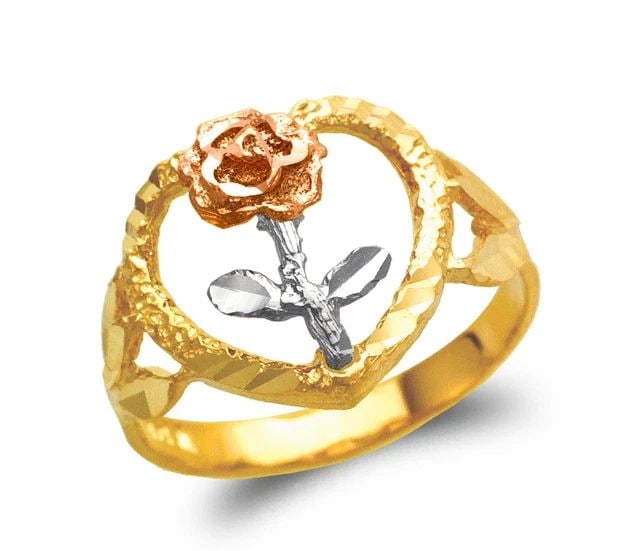 NEW 14K TRICOLOR GOLD LADIES ROSE FILIGREE RING: NEW 14K TRICOLOR GOLD LADIES ROSE FILIGREE RING LADIES ROSE FILIGREE RING NEW 14K TRICOLOR GOLD SIZE Apx: 14mm Apx. WEIGHT: 2.9g
