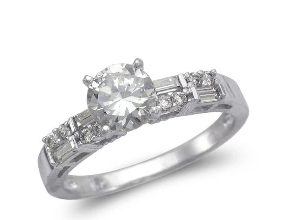 NEW 14K WHITE GOLD LADIES FANCY WHITE SOLITAIRE RING: NEW 14K WHITE GOLD LADIES FANCY WHITE SOLITAIRE RING LADIES FANCY WHITE SOLITAIRE RING NEW 14K WHITE GOLD Apx. WIDTH: 3mm Apx. WEIGHT: 2.9g