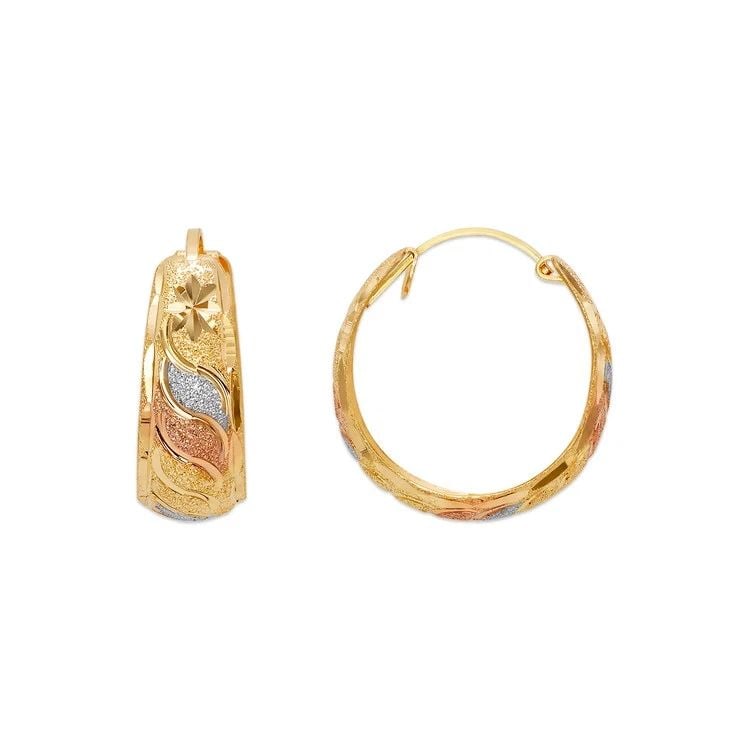 NEW 14K TRICOLOR GOLD D/C HUGGIE EARRINGS: NEW 14K TRICOLOR GOLD D/C HUGGIE EARRINGS D/C HUGGIE EARRINGS NEW 14K TRICOLOR GOLD Width: Approx. 8x20mm Apx WEIGHT: 2.9g