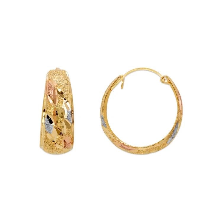 NEW 14K TRICOLOR GOLD D/C HUGGIE EARRINGS: NEW 14K TRICOLOR GOLD D/C HUGGIE EARRINGS D/C HUGGIE EARRINGS NEW 14K TRICOLOR GOLD Width: Approx. 8x20mm Apx WEIGHT: 2.9g