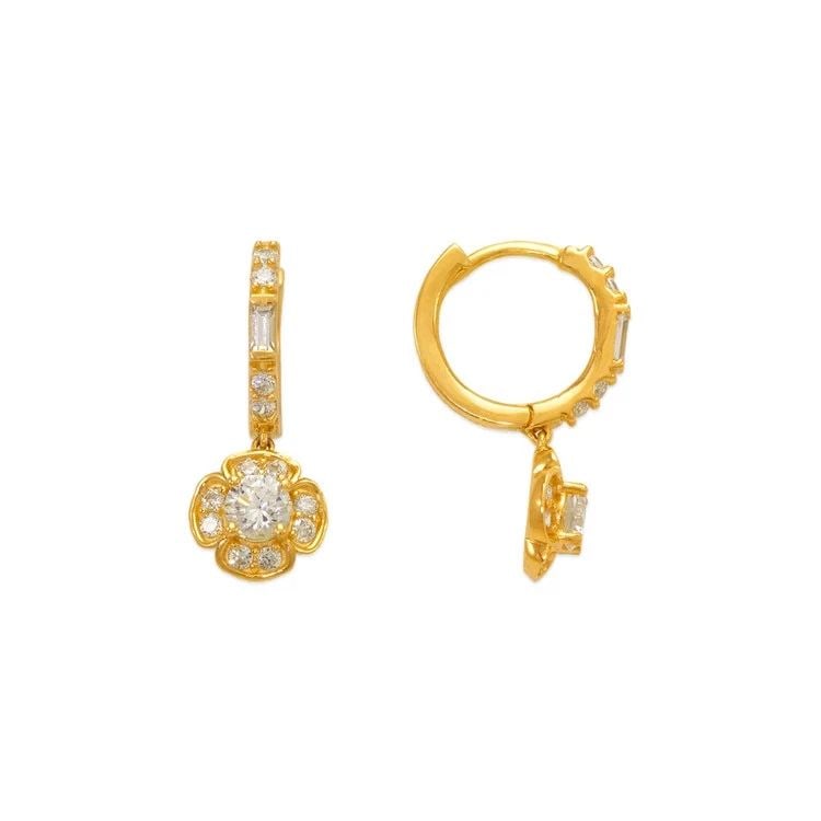 NEW 14K YELLOW GOLD FANCY FLOWER HUGGIE EARRINGS: NEW 14K YELLOW GOLD FANCY FLOWER HUGGIE EARRINGS FANCY FLOWER HUGGIE EARRINGS NEW 14K YELLOW GOLD Width: Approx. 8x22mm Apx WEIGHT: 2.9g